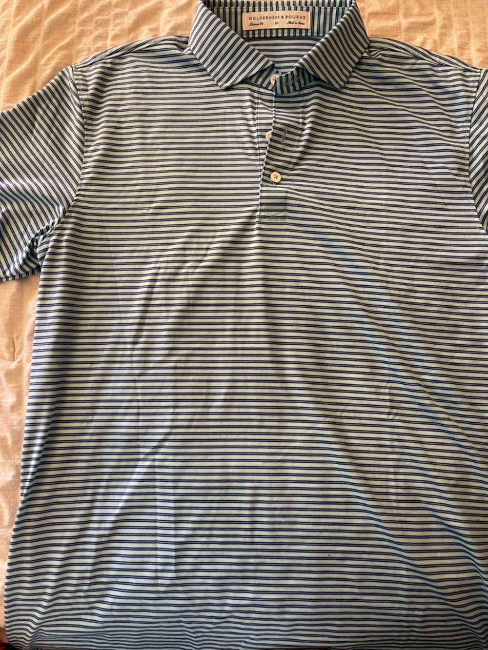 Woolrich Men’s Light Blue & Navy Striped Polo Dress Shirt